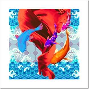 Purple Blue and Orange Koi Fish with a Deep Red Swirl Ocean- Happy Hong Kong Posters and Art